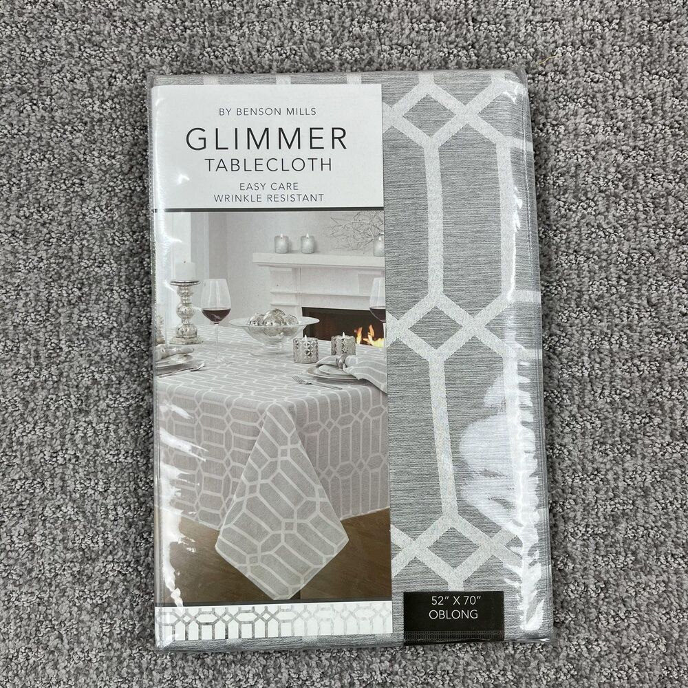 Benson Mills Glimmer Tablecloth 52x70 Oblong Silver Geometric Easy Care Modern